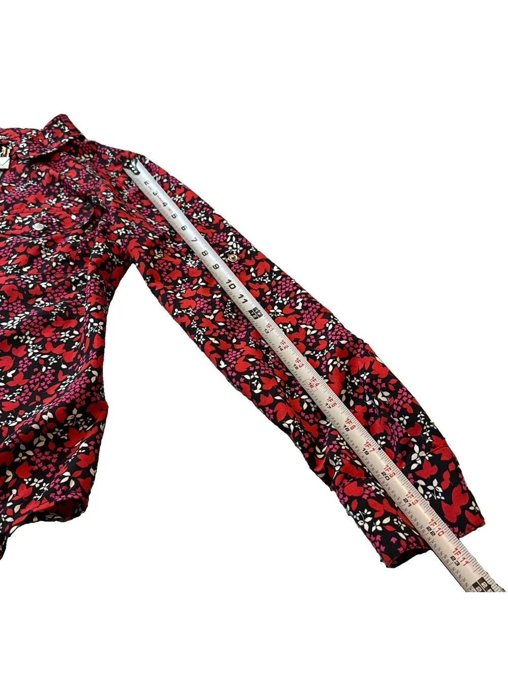 Michael Kors Floral Red Roll-Tab Long Sleeve Zipper Blouse Silver Hardware XXS